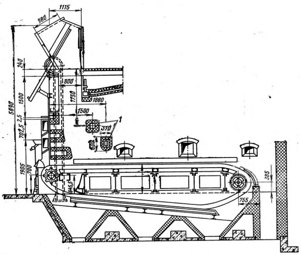 Топка с цепной колосниковой решеткой Продольный разрез топки с цепной колосниковой решеткой