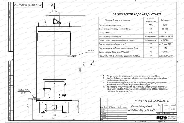 Котел без дымососа 0.25 МВт чертеж